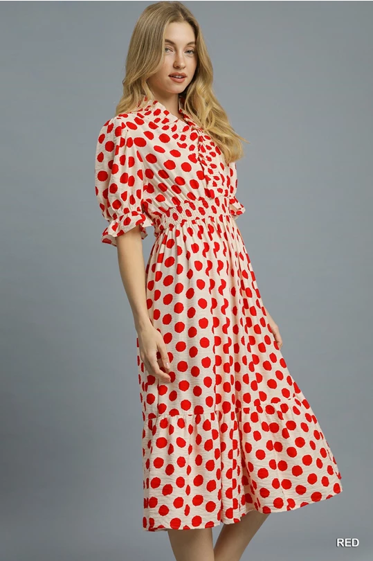 Plaza Red Polka Dot Midi featuring a Smocked Waist and Ruffle V Neck