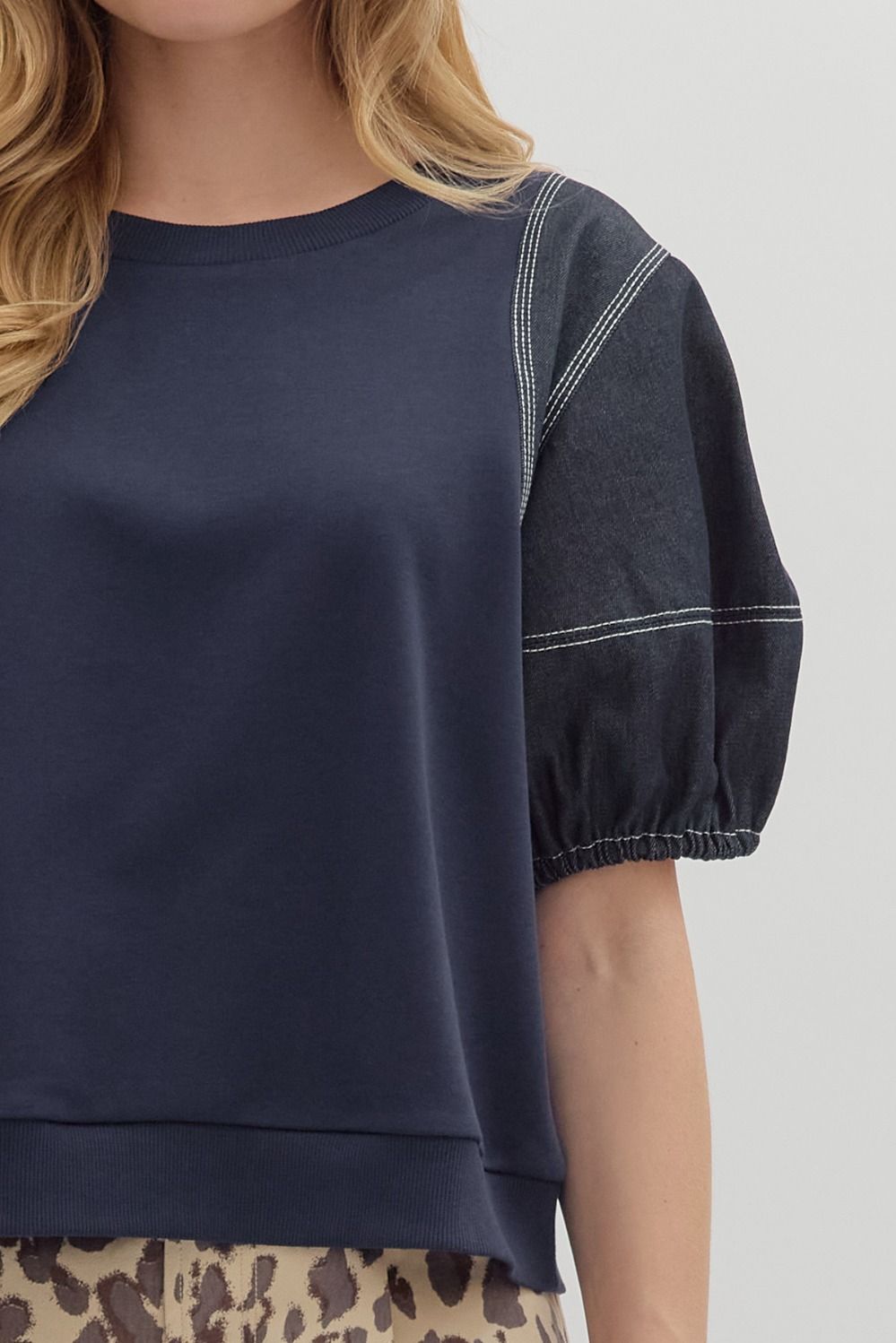 Blakely Crew Neck Top with Exposed Stitching Detail - Navy