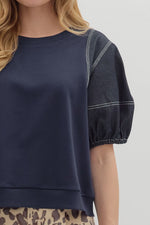 Blakely Crew Neck Top with Exposed Stitching Detail - Navy
