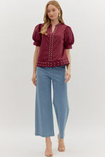 Maroon Cuff Band Puff Sleeve Top featuring Stud Accent Detai