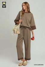 CLOUDKNIT Raglan Sleeve Colorblock Crewneck Top & Straight Pant SET- Cocoa Brown