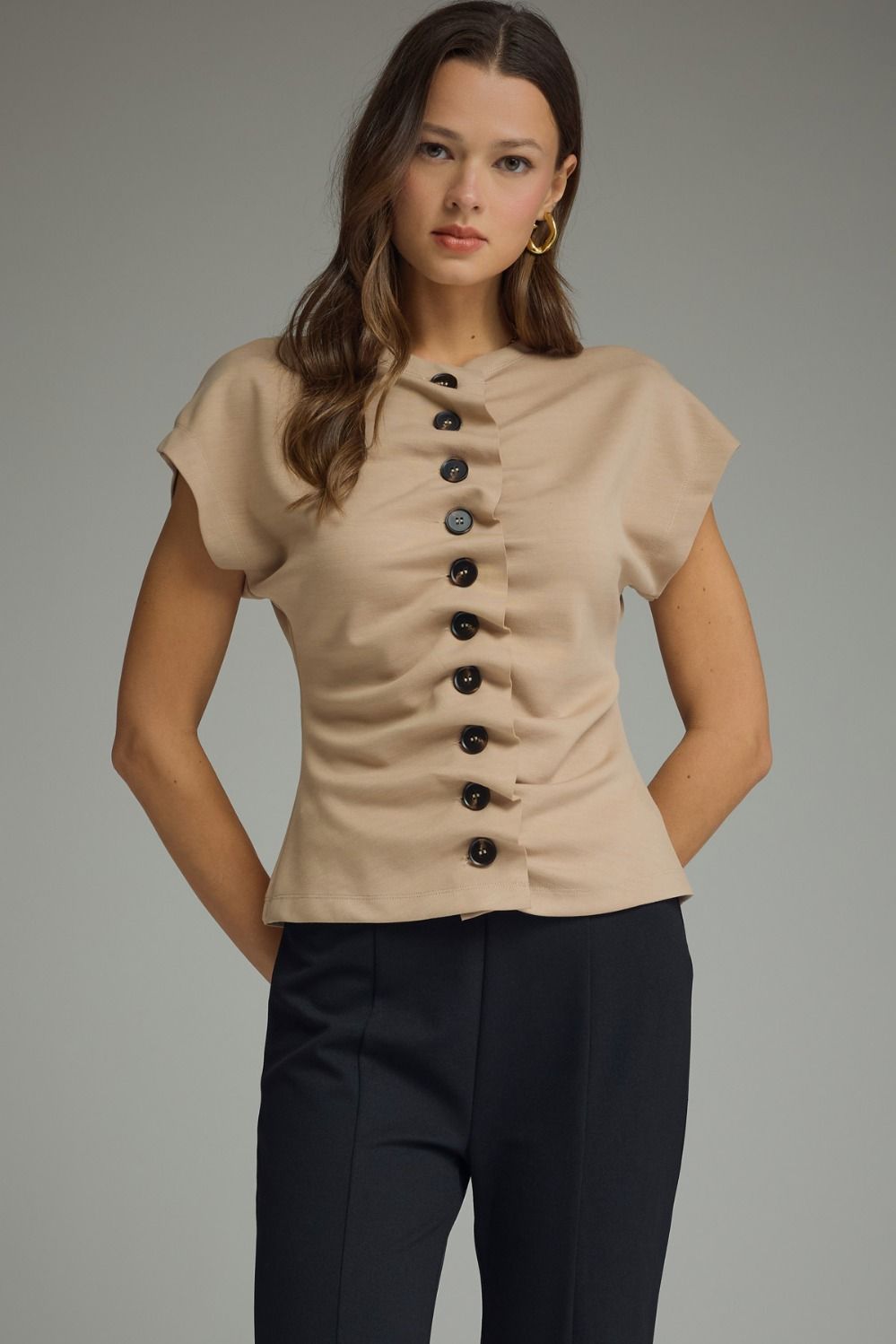 Soft Taupe Cap Sleeve Top With Button Down Cinch Detail