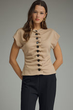 Soft Taupe Cap Sleeve Top With Button Down Cinch Detail