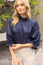 Smocked Neck Zig Zag Textured Top- Navy