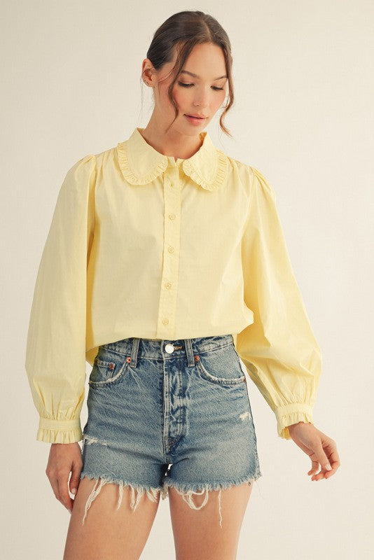 Canary Ruffle Accent Button Down Detail Collar Shirt