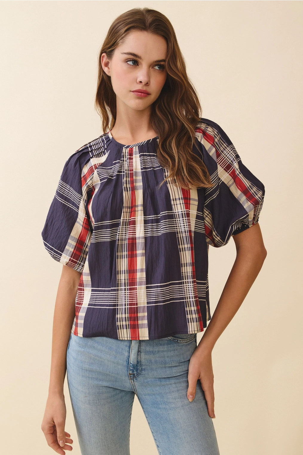 Navy Plaid Round Neck Pleated Detail Back Keyhole Top
