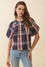 Navy Plaid Round Neck Pleated Detail Back Keyhole Top