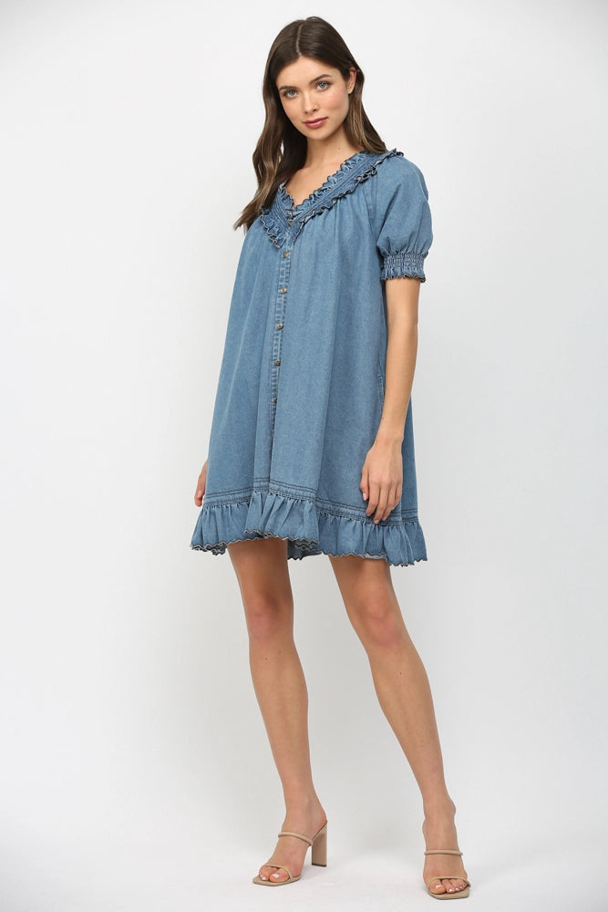 Ruffled V-Neck Short Puff Sleeve Mini Dress by FATE