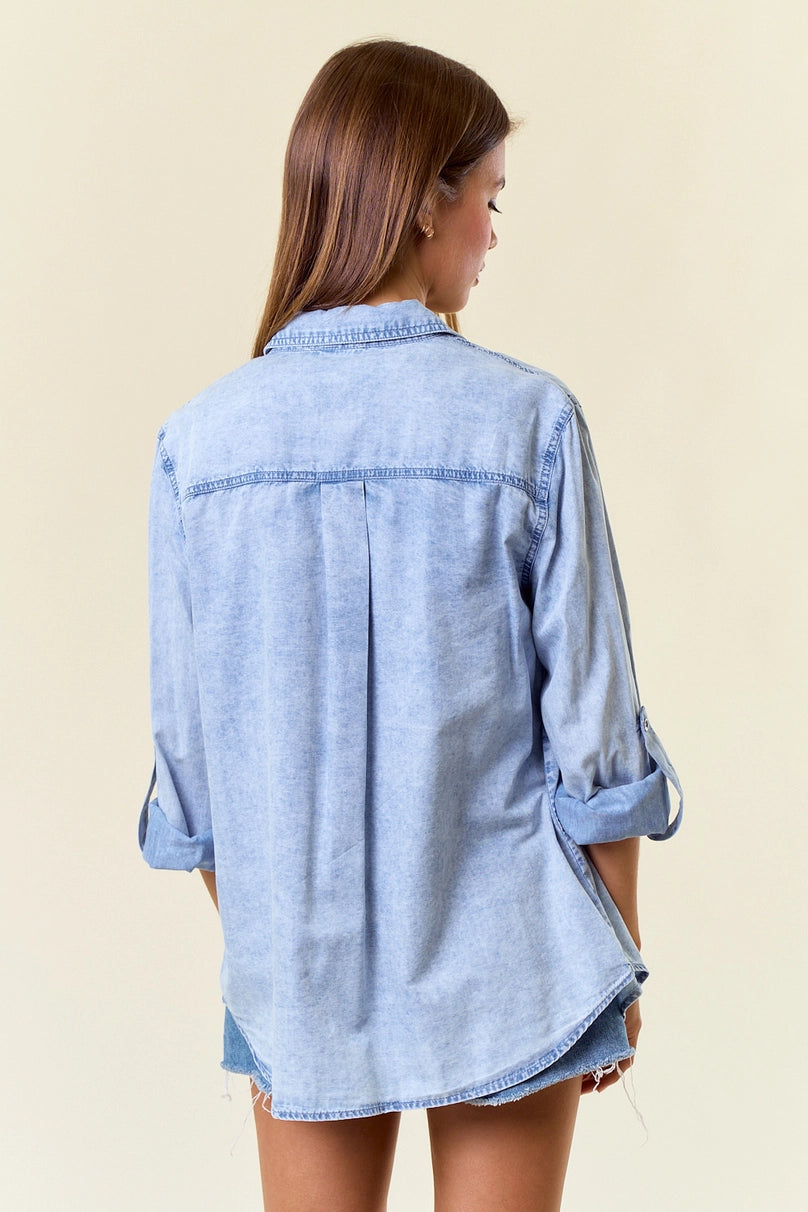 Chambray Button Down Shirt with Roll Up Sleeve- Light Denim