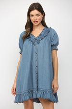 Ruffled V-Neck Short Puff Sleeve Mini Dress by FATE