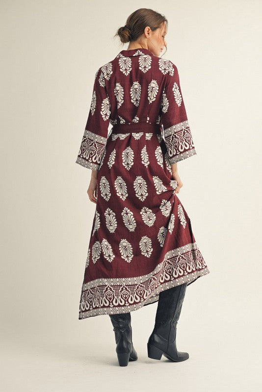 Vivian Damask Print Midi with Waist Tie