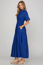 Ritzy Royal Blue Maxi with Collar and Smocked Waist