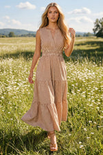 Dottie Gingham Tiered Sleeveless Maxi Dress- Brown