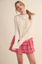 Ruffled Edge Pointelle Knit Sweater Cardigan - Ivory