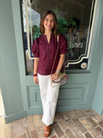 Maroon Cuff Band Puff Sleeve Top featuring Stud Accent Detai
