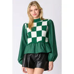 Checkered Sweater Vest Poplin Long Sleeve Top- Hunter Green