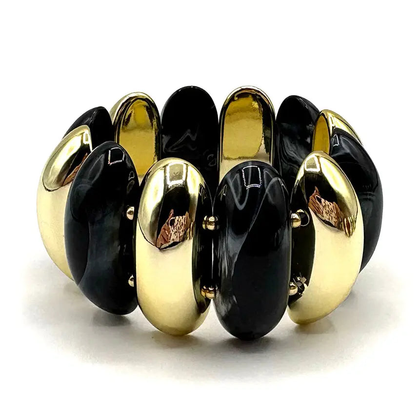 WIDE GOLD AND BLACK ACRYLIC STRETCH BRACELET