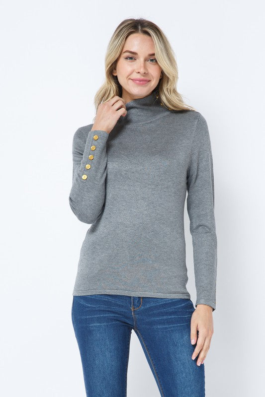 MOCK NECK GOLD BUTTON DETAIL KNIT TOP- AVAILABLE IN -Royal, Cream, Hunter , Gray, Charcoal, Burgundy, Black, Taupe S-XL