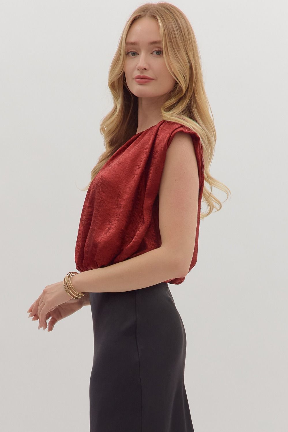 Pleated Bubble Hem Top-Ruby Red