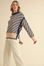 Navy and Taupe Mock Neck Pullover Sweater