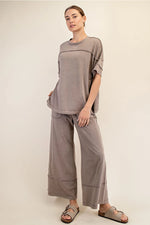 Light Taupe Mineral Wash Crew Neckand Wide Leg Pant SET by Rae Mode