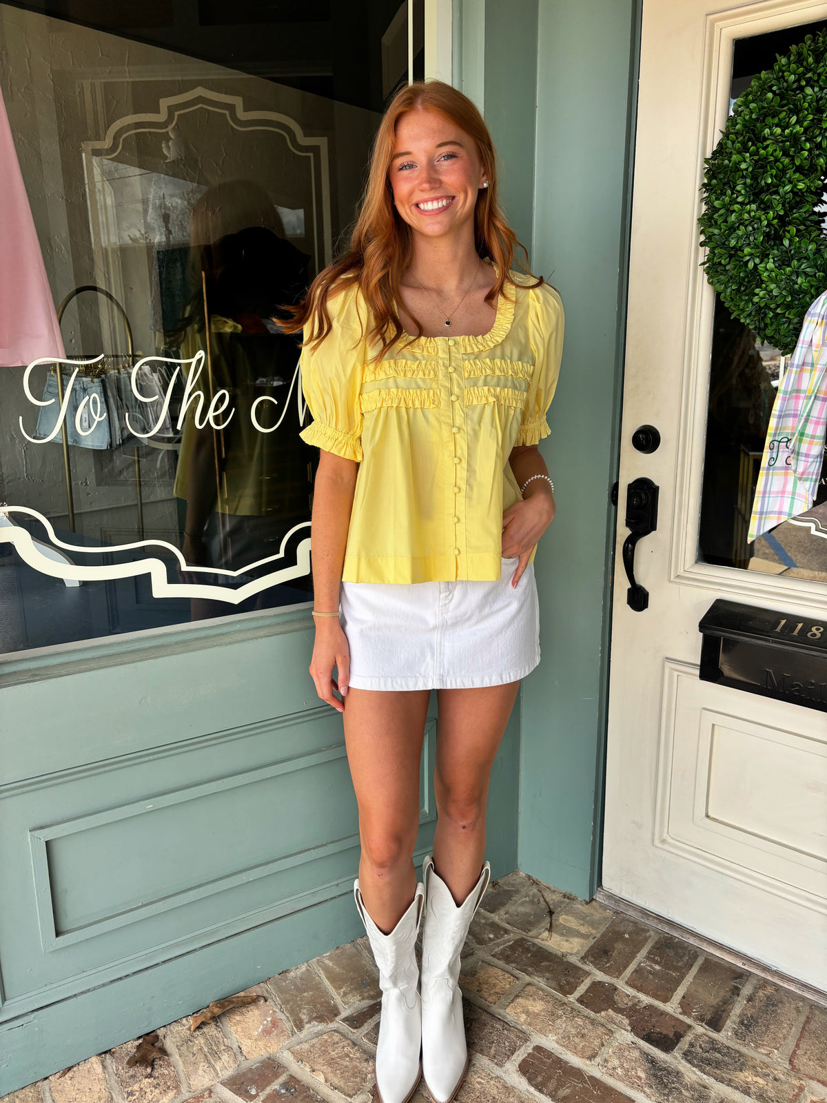 Willow Square Ruffle Neckline Button Detail Top- Light Yellow