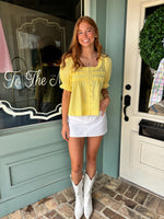 Willow Square Ruffle Neckline Button Detail Top- Light Yellow