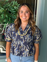 Navy Floral Puff Sleeve Top with Yellow Scallop Trim
