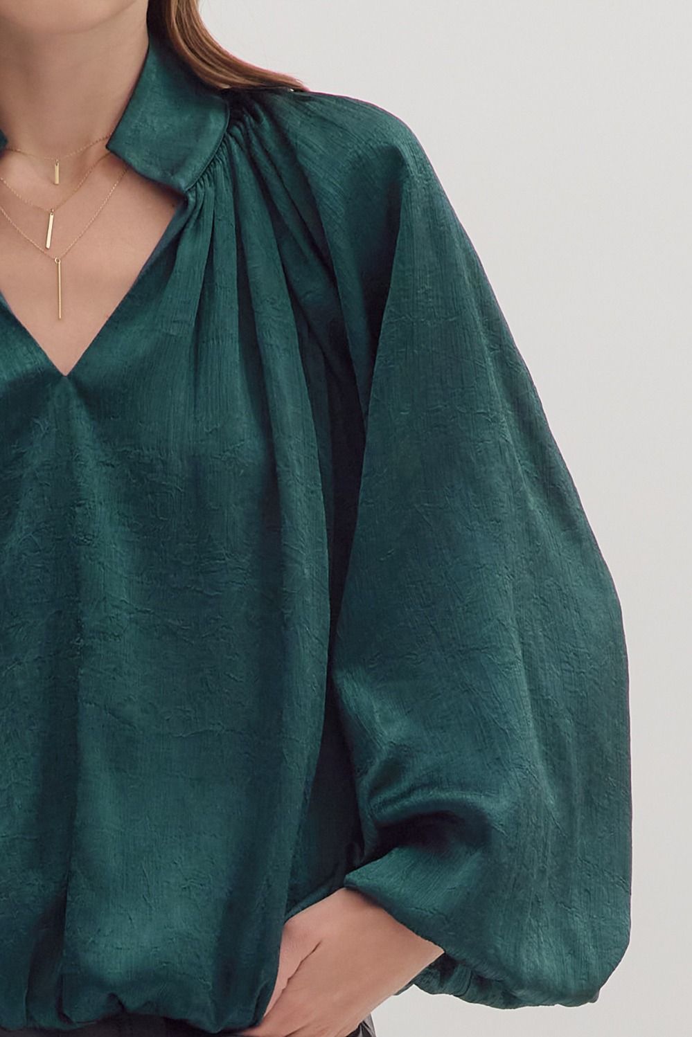Shiny Hunter Green Bubble Hem Long Sleeve Top