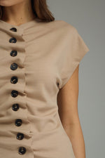 Soft Taupe Cap Sleeve Top With Button Down Cinch Detail