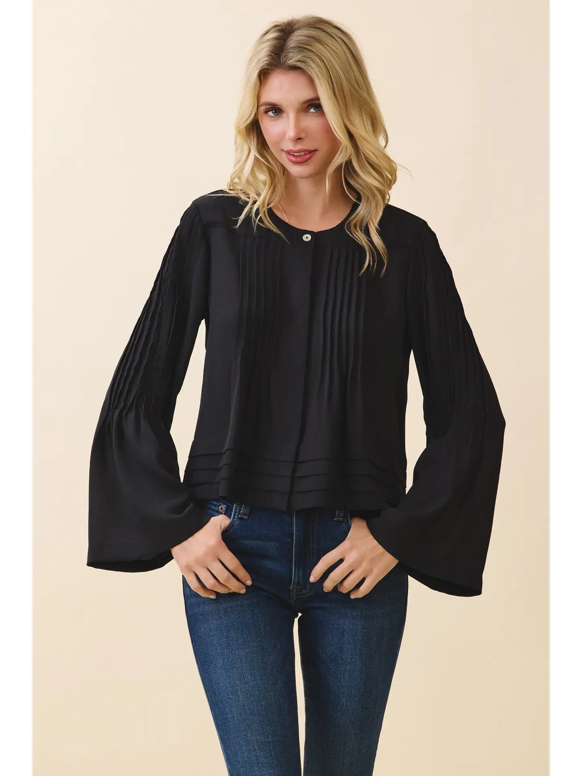 Kera Pintuck Pleats Detail Hidden Snap Button Blouse- Black