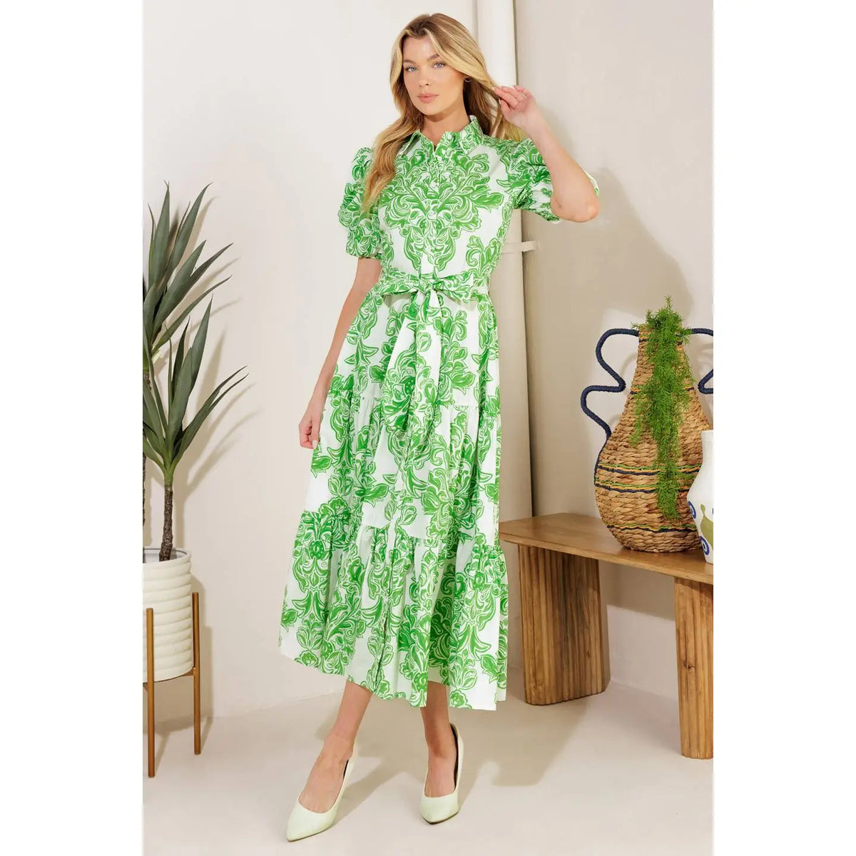 Dellia Damask Print Midi Dress - Apple