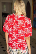 Maya Ruffled Round NeckFloral Embroidered Top- Red