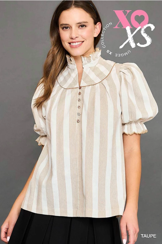 Taupe Stripe Ruffle Collar Top