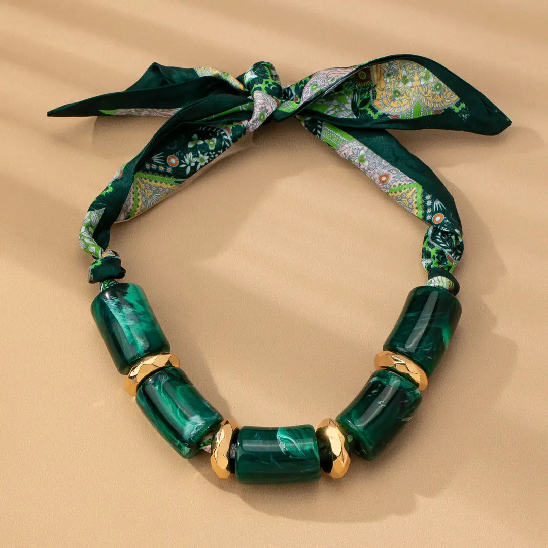 Green Chunky Marble Resin Scarf Tie Necklace