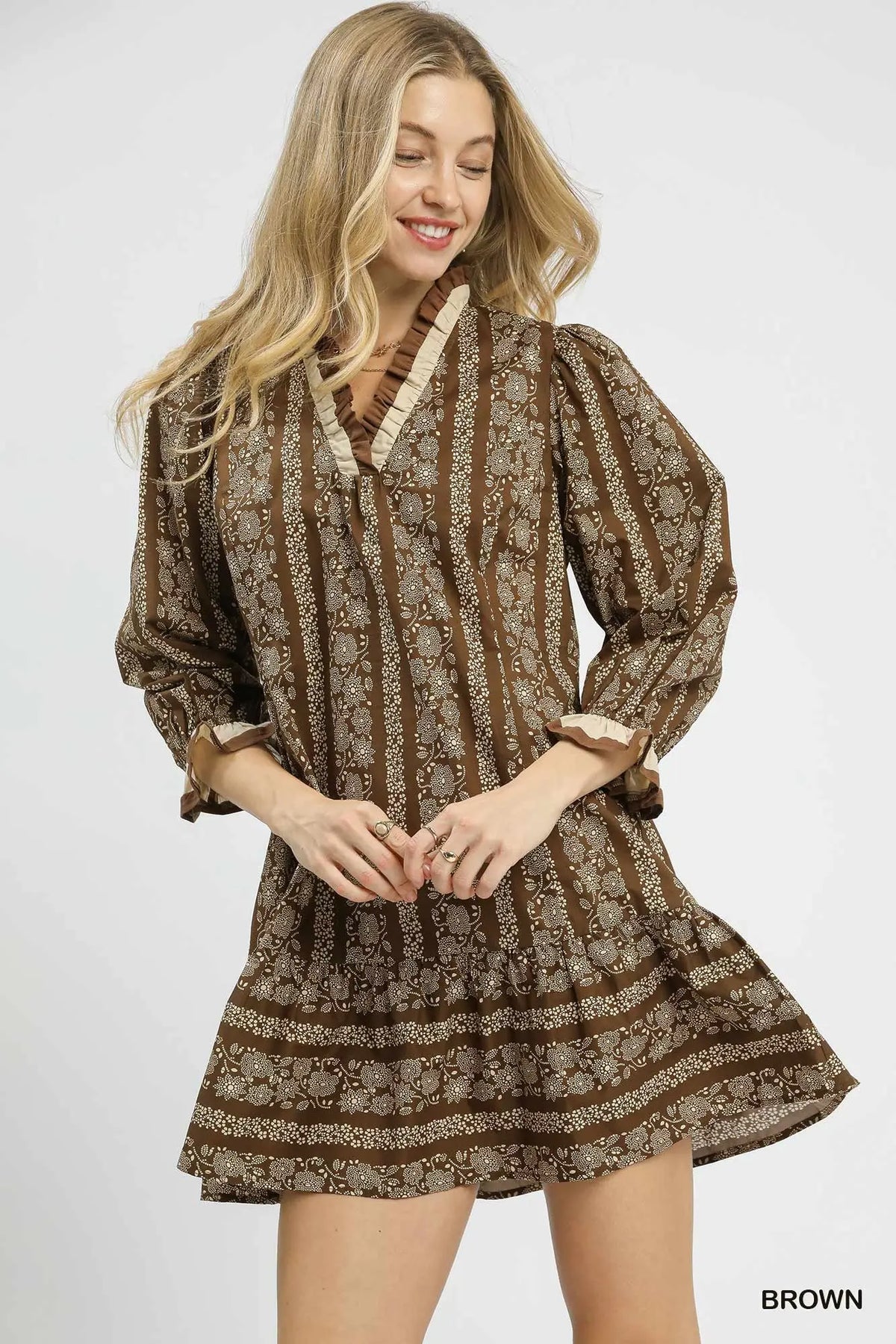 Anna Floral Stripe Ruffle Trim Mini Dress