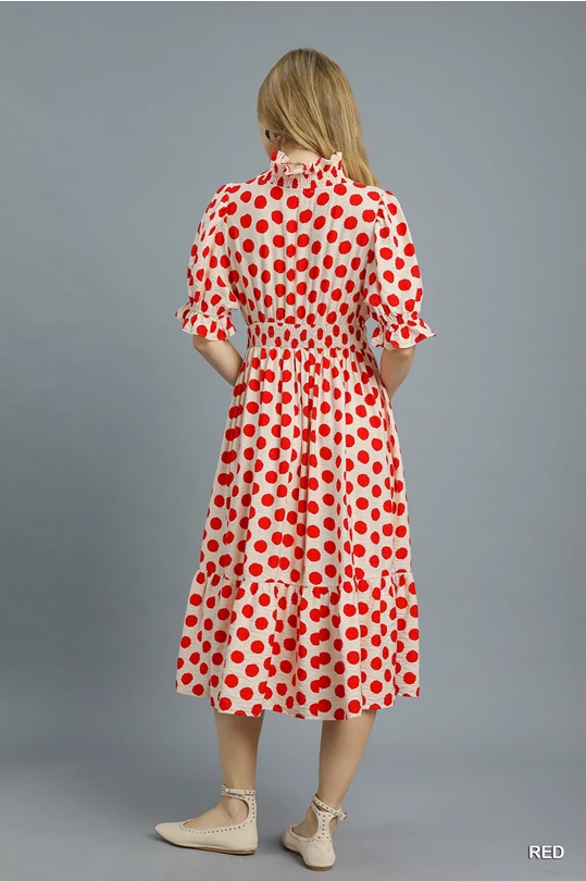 Plaza Red Polka Dot Midi featuring a Smocked Waist and Ruffle V Neck