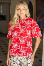 Maya Ruffled Round NeckFloral Embroidered Top- Red