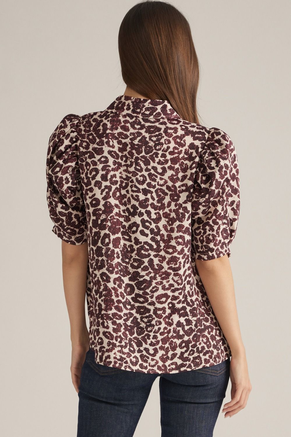Maroon Leopard Pleated Sleeve Button Down Top