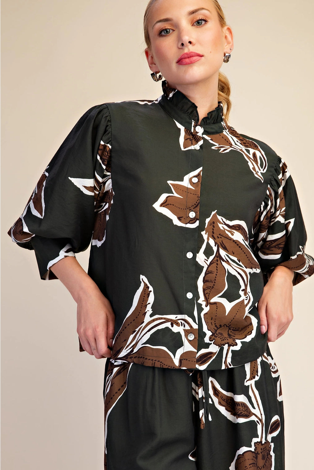 Eloise Ruffle Neck Puff Sleeve Button Down Blouse- Hunter Green