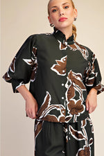 Eloise Ruffle Neck Puff Sleeve Button Down Blouse- Hunter Green