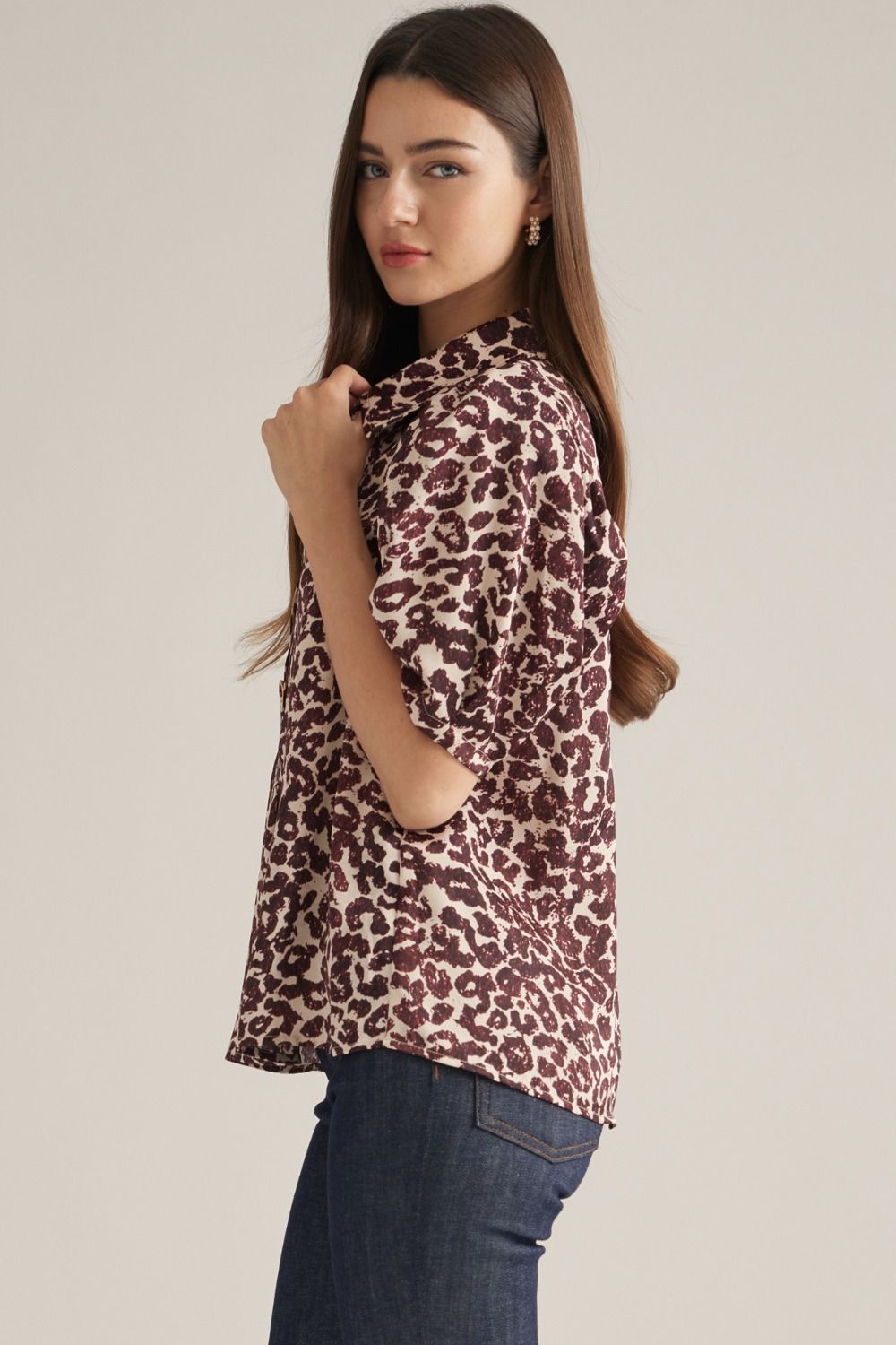 Maroon Leopard Pleated Sleeve Button Down Top