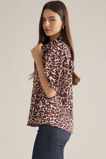 Maroon Leopard Pleated Sleeve Button Down Top