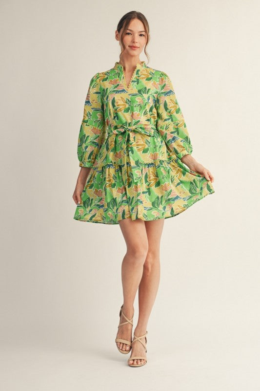 Scallop Trim Avocado Mix Floral Mini Dress