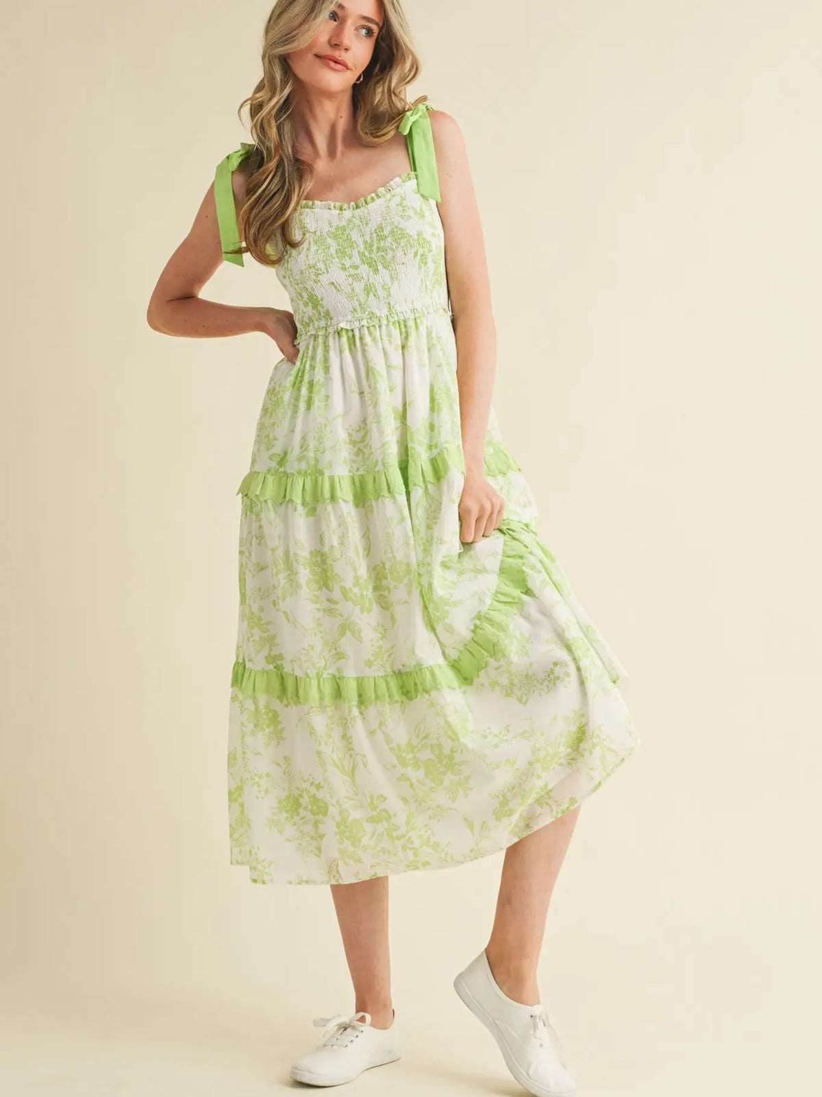 Bright Lime Floral Tiered Scallop Trim Maxi Dress