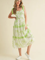 Bright Lime Floral Tiered Scallop Trim Maxi Dress