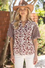 Maroon Embroidered Print Mixed Top