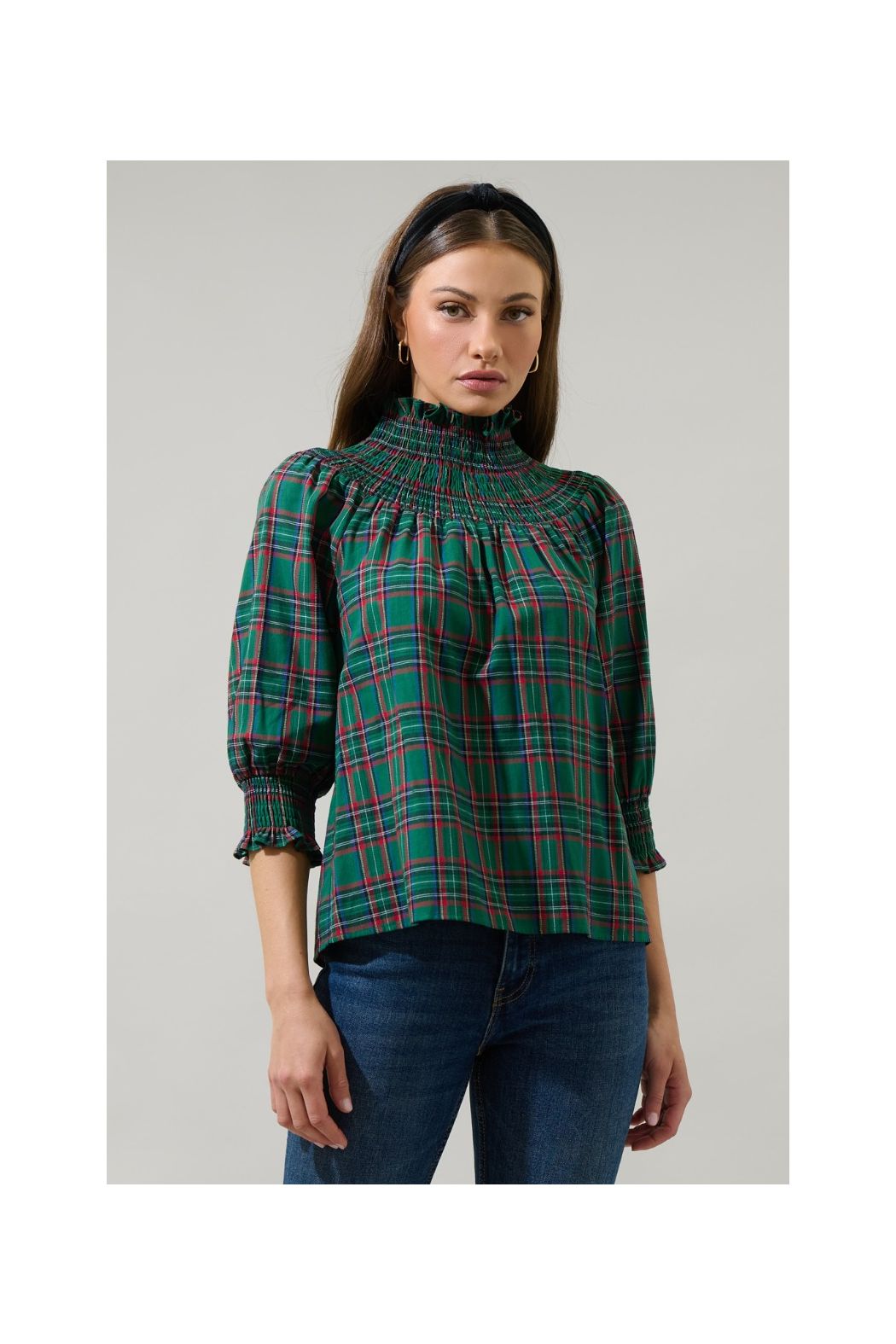 Jace Plaid Verity Smocked Top-Green
