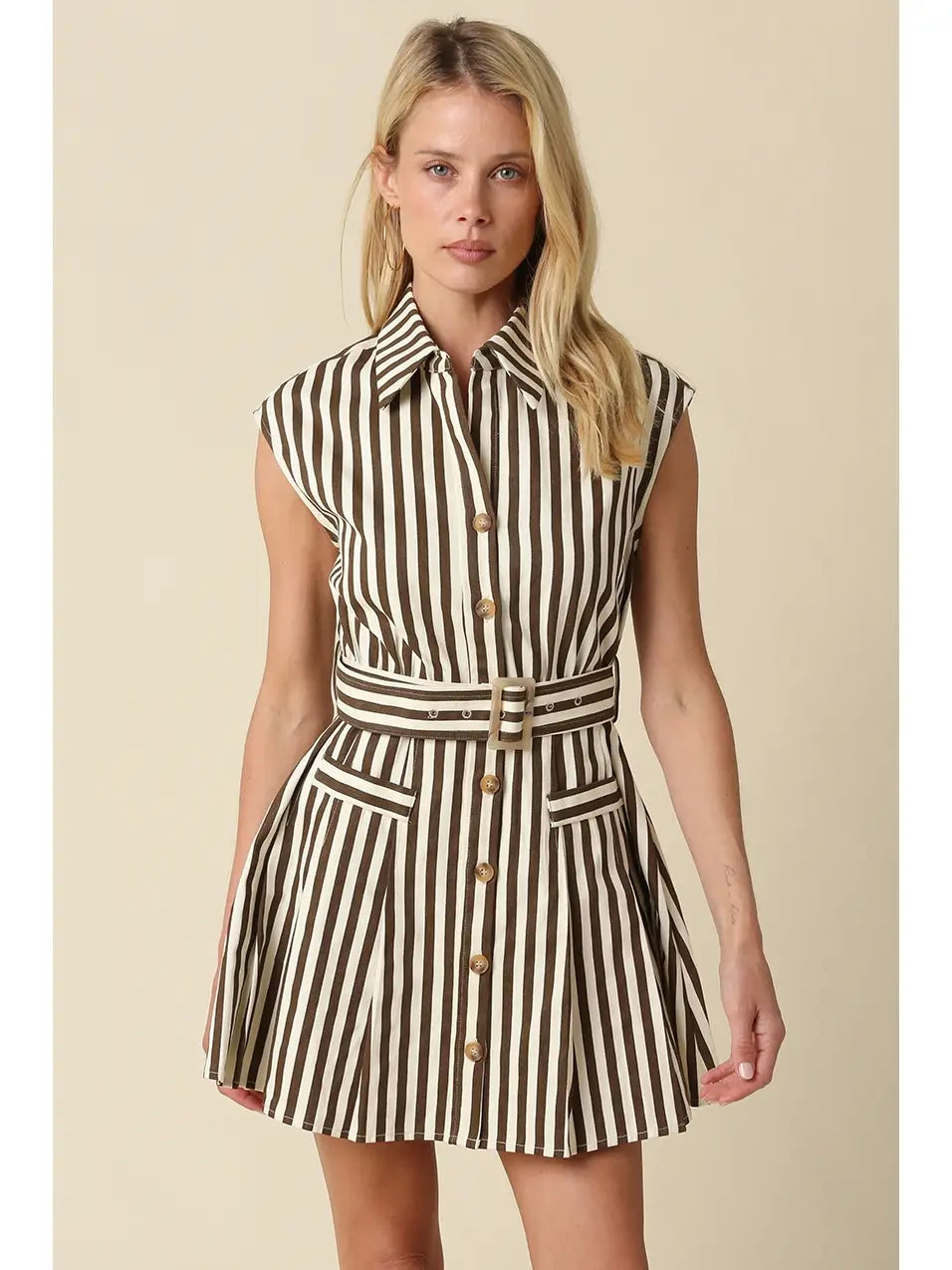 Mia Striped Belted Mini Dress- Brown/Natural