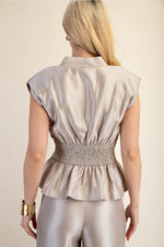 Champagne V-Neck Shoulder Padded Front Zip Waist Smocked Top